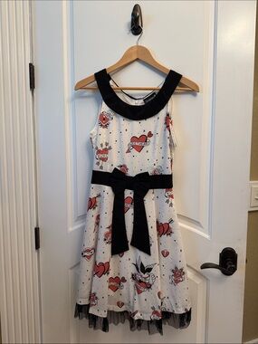 Sourpuss Sweetheart Print Black & White Girls Dress with Bow